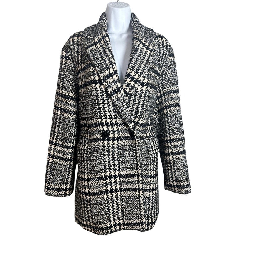 MNG Mango Women Black White Houndstooth Plaid Wool Blend Double Breasted Coat S